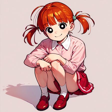 NeneSC, 1girl, orange hair, pigtails, black eyes white-collared long-sleeved pink shirt fuchsia skirt yellow skirt white-collared long-sleeved pink dress socks red shoes <lora:NeneSC:1>