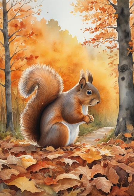 1girl, watercolor painting, scenery, fall, looking back,  autumn, gigantic squirrel, huge squirrel,
masterpiece,best quality,very aesthetic, absurdres, newest,
