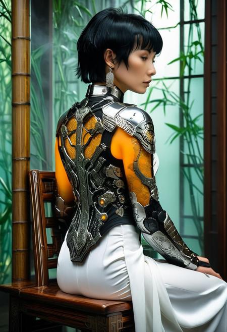 lazypos
Solo figure, androgynous cyborg with irezumi biomechanical armor, seated on ornate wooden chair with Hanfu-style silk robe asymmetrically draped, liquid pearl embroidery flowing from shoulder to waist. Short black hair with cybernetic cable accents, delicate facial features looking over the shoulder, back mostly turned to the viewer in contemplative pose, futuristic luminous tattoos glowing through translucent armor plates. White ceramic vase emitting ethereal smoke, misty courtyard with bamboo lattice shadows, volumetric lighting casting dappled patterns across semi-transparent biomechanical back. Minimalist composition with tilt-shift perspective and unexpected top-angle view emphasizing geometric silk folds against flat color gradients. Texture: PBR materials for metallic carvings and silk subsurface scattering. Lighting: two-tone cinematic with cool misty blues vs warm cybernetic oranges. Artistry: Chinese ink wash elements blended with cyberpunk neon, cyb0rg, science fiction, cable, mechanical parts, trending on ArtStation, trending on CGSociety, trending on DeviantArt.