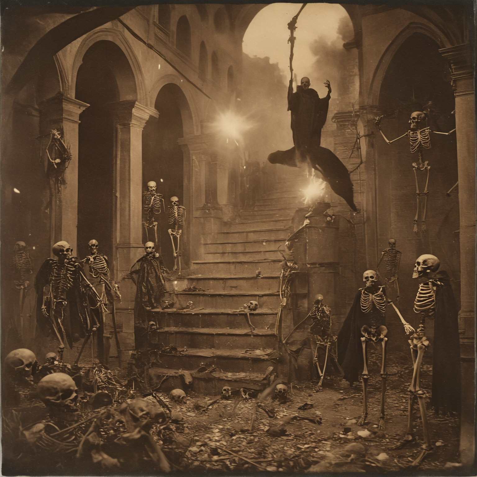 (very old weathered daguerreotype photograph:1.5), (by Eugene Atget:1.4), (very old weathered zoomed out wide angle daguerreotype photo of an old human necromancer at the top of a staircase outdoors raising the dead in a very large ritualistic Victorian structure at night:1.3), (a necromancer with a crazed look stands atop a staircase over a group of living skeletons and corpses he brought back to life while he casts an unholy spell:1.3), (two skeletons kneel at the bottom of the stairs obediently:1.3), (hundreds of dead are reemerging from underground:1.3), (a large army of living skeletons and corpses weilding weapons and shields:1.3), (a necromancer is sacrificing a man floating in the air above him in an explosion of light:1.4), (a crazed necromancer stands atop a staircase while he casts a spell:1.3), (a candid photo of a necromancer performing unholy rituals:1.3), the necromancer is an old man wearing a weathered bloodstained cloak and he is adorned in bone and bone armor, there is an (unholy church in the distance:1.2) with an unnatural evil glow, (hundreds of corpses and skeletons are being reanimated and crawling out of their graves as the necromancer casts his incantation:1.2), (the skeletons and undead are beginning to stand and walk:1.3), living dead, undead, corpse reanimation, skeleton reanimation, walking skeleton, walking corpses, performing spells, ancient texts, (raising the dead:1.3), altar, supernatural lighting, homunculi, opening a rift, (very old and weathered zoomed out wide angle daguerreotype photograph:1.4), a haunting old photograph, (by Eugene Atget:1.4), gothic architecture, Victorian architecture BREAK (a necromancer is sacrificing a man floating in the air above him in an explosion of light:1.4), (a crazed necromancer stands atop a staircase while he casts a spell:1.3)