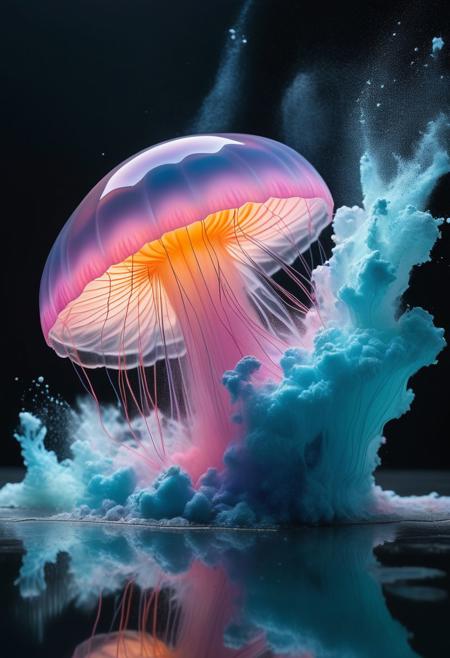 In this mesmerizing image, we are presented with the captivating sight of pastel-colored powder exploding in every direction, beautifully frozen in time through a super long exposure and slow shutter photography technique. The explosion takes place in front of a wall, where a picture has also burst into life with an explosion of multi-color pastel powders, resembling a jellyfish gracefully hovering above water. The image, possibly a photograph, showcases exquisite attention to detail, with the delicate colors blending harmoniously to create a truly stunning and high-quality visual masterpiece. 32k UHD, highly details, glass light, futurism, 3D, blend, perspective, 
horizontal composition, high detail, high quality, 8K,hyper realistic, fine skin texture