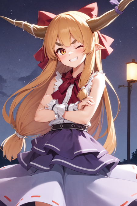 1girl, solo, ibuki suika, horns, low-tied long hair, sidelocks, thick eyebrows, wrist cuffs, sleeveless, blue skirt, long skirt, standing, crossed arms, cowboy shot, one eye closed, looking at viewer, grin, outdoors, night <lora:suika:1>