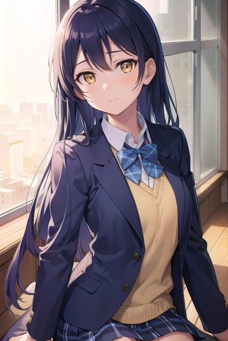 umisonoda, <lora:umisonoda-lora-nochekaiser:1>, 
umi sonoda, long hair, blue hair, (yellow eyes:1.5) (flat chest:1.2),
BREAK blazer, blue skirt, jacket, otonokizaka school uniform, pleated skirt, school uniform, winter uniform,
BREAK looking at viewer,
BREAK indoors, classroom, 
BREAK <lyco:GoodHands-beta2:1>, (masterpiece:1.2), best quality, high resolution, unity 8k wallpaper, (illustration:0.8), (beautiful detailed eyes:1.6), extremely detailed face, perfect lighting, extremely detailed CG, (perfect hands, perfect anatomy),