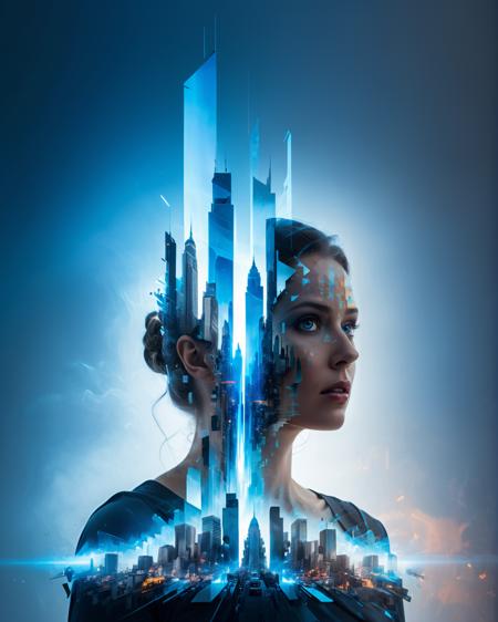 cinematic , grey mysterious holographic utopian cityscape double exposure on fearful woman silhouette,(glowing blue energy nimbus:1.4) ,futuristic metallic fabric, dissolving into pixels, fading into dust, maximalism, (cinema movie poster:1.2),(unease:1.1),  <lora:xl_more_art-full_v1:0.5> <lora:add-detail-xl:0.9>  <lora:Double_Exposure:0.9>