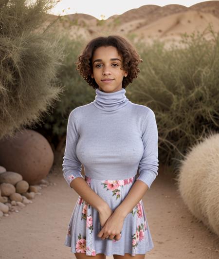 a33l0, outdoor, nature, Oasis in the desert, Spectacular light, 8k, soft lighting, high quality, breast, Flowers, ((Turtleneck Dress)) 