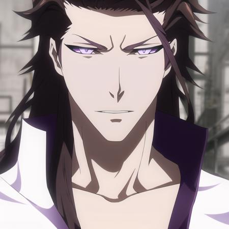 <lora:Aizen:0.9>,1man,Aizen,brown hair,purple eyes,white and purple clothes,serious look,pointy chin