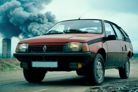 analog gloomy photo of a red Renault Fuego car, <lora:fu3g0:1>, escaping the city at night, urban ruins in the background, apocalyptic, war, fire and smoke, traces of missiles in the sky, explosions in the back, High Detail, Sharp focus, ((photorealism)), flares, realistic, best quality, 8k, award winning, dramatic lighting, epic, cinematic, masterpiece, depth of field,