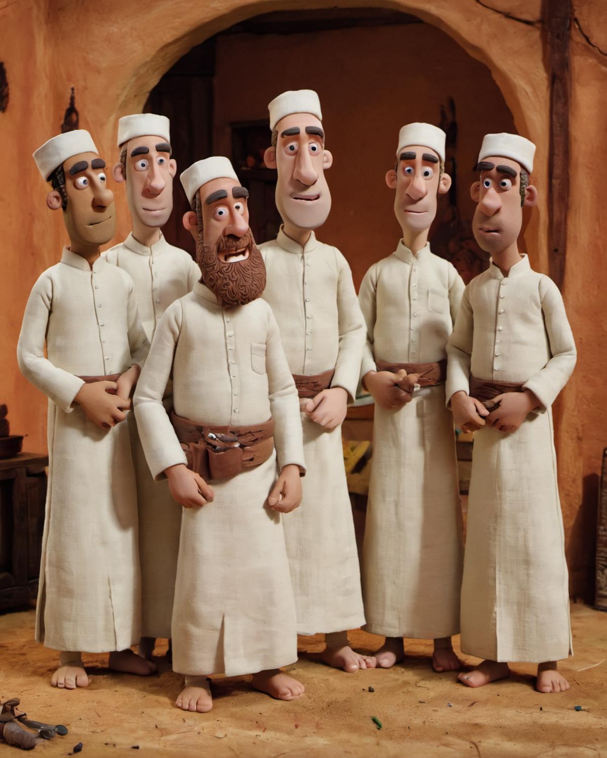 A group of cartoonish bearded men wearing white robes and belts.