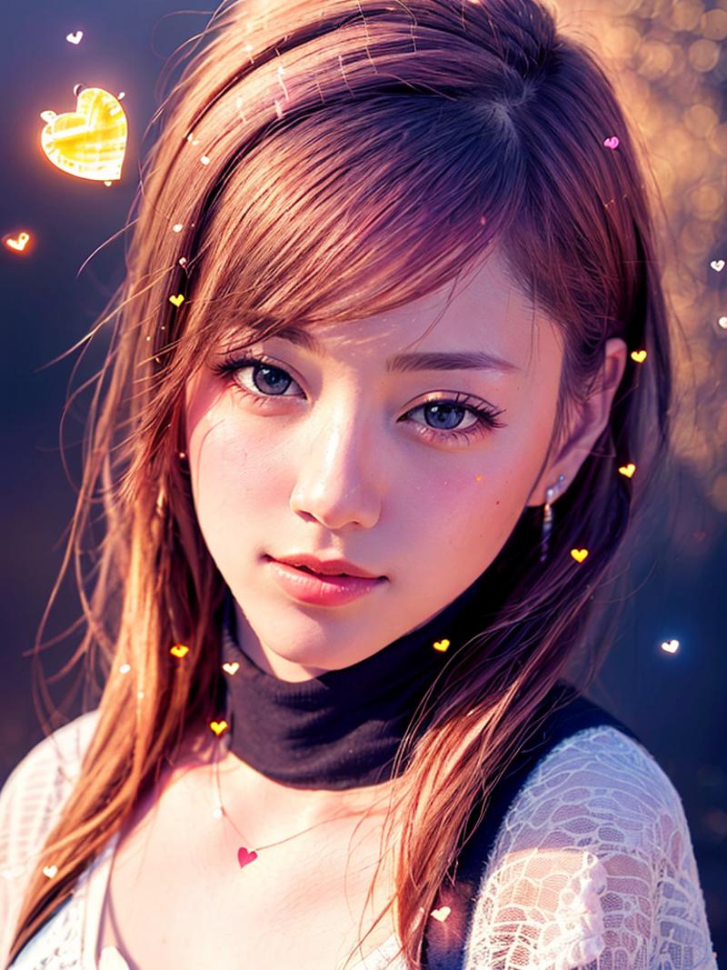 (best quality, masterpiece:1.2),ultra detailed,(photo realistic:1.4),solo,cute girl,upper body,pink,,light_particles,heart...