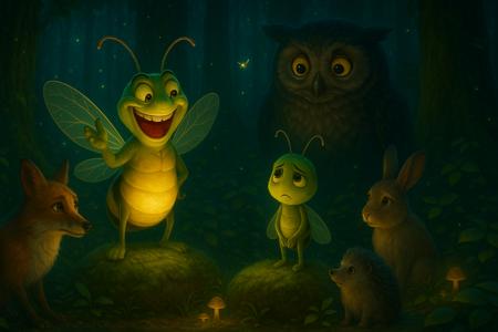 In an enchanted forest at dusk, two anthropomorphized fireflies—a proud, boastful father and his shy son—stand at the center of a gathering of woodland creatures. The father’s glowing presence exudes confidence, his wings flickering with bursts of prideful light, while the son’s softer amber glow reflects his quiet internal conflict. Surrounding them, an owl, rabbit, fox, and hedgehog display varied emotional reactions—empathy, admiration, concern, and naive curiosity. The bioluminescent plants and glowing mushrooms pulsate with the emotional tension in the air. The scene is set on a moss-covered stone, illuminated by soft moonlight filtering through the dense canopy. The father’s exaggerated brilliance contrasts with the son’s subdued glow, visually mirroring their emotional divide. The art style is Pixar-inspired with expressive lighting, finely detailed textures, and subtle emotional depth in character postures and facial expressions. The forest’s lighting fluctuates dynamically, reinforcing the magical, emotionally rich atmosphere.