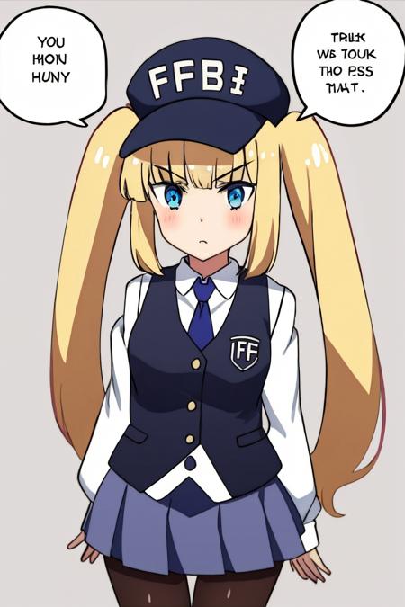 <lora:FBI-ChanV1-85:1>, FBI-Chan, 1girl, pantyhose, solo, skirt, blonde hair, blue eyes, english text, twintails,  hat, upper_body, vest