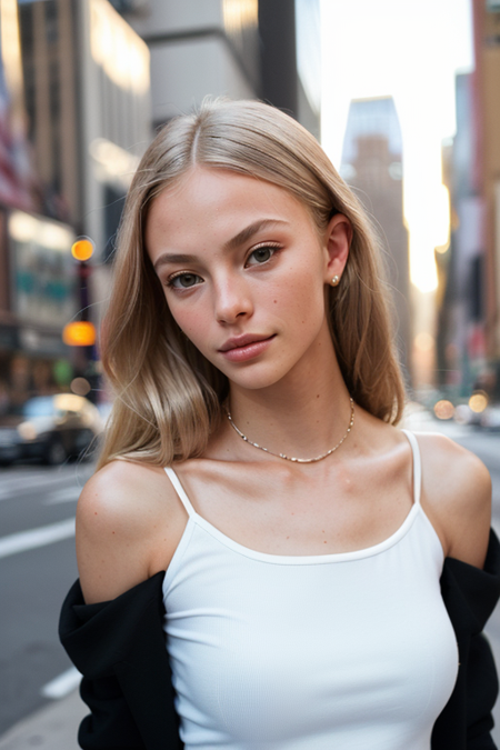 ImogenHarvey, photography by (Rodney Smith:1.3), ((upper body focus, shoulders)), modelshoot, pose, (business suit, black jacket, white blouse, facing viewer, busy Manhattan sidewalk, looking at viewer, blurry background, bokeh, ID photo:1.3), serious look