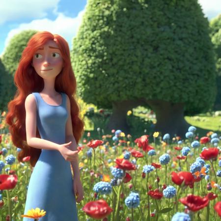 high-quality 4k hd 3d cartoon render in hwst artstyle of a 31 year old woman with long wild red hair wearing a blue split leg sleeveless dress standing in a field of flowers on a sunny warm summer day