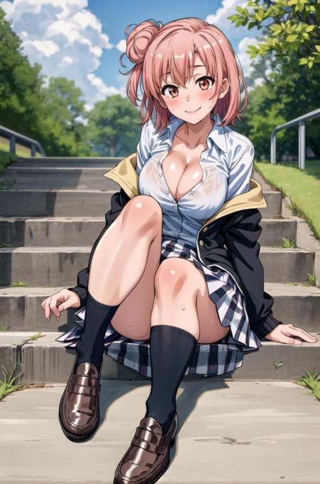 (masterpiece, best quality, detailed), 1girl, solo, blush, looking at viewer, closed mouth, smile, full body, sitting, on stairs, outdoors,
yuigahama yui, school uniform, white shirt, plaid skirt, blazer, open jacket, arm support, sweat, cleavage, (off shoulder:0.9), kneehighs, loafers, short sleeves
 <lora:YuigahamaYuiV2_3-000005:1> <lora:more_details:0.35>