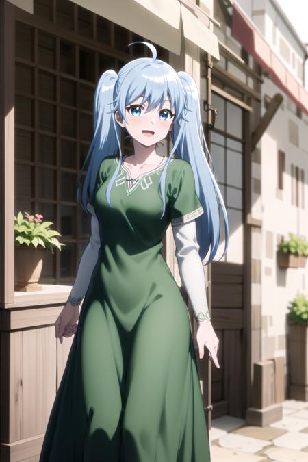 best quality, masterpiece, detailed,
<lora:chara_BenriyaSaitousanIsekainiIku_Lafanpan:0.8>, lafanpan,
open mouth, smile, light blush,
twintails, blue hair, long hair, ahoge, blue eyes,
green dress, long dress, short over long sleeves, white sleeves,
standing, looking at the viewer,
city, medieval, fantasy