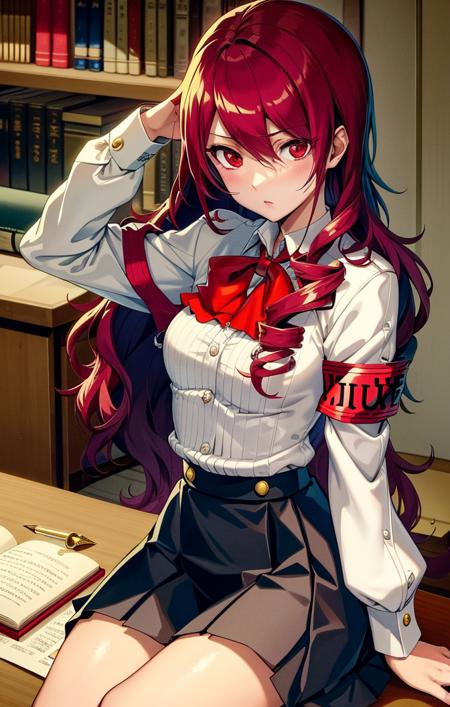 <lora:MitsuruKirijoPersona4:1> best quality, candlelight, soft lighting, indoors, sitting at desk, rows of books, writing in book, holding quill pen, gekkoukan high school uniform, white button up shirt, pleated skirt, chest bow, red armband, mitsuru kirijo [persona], 1girl, focused expression