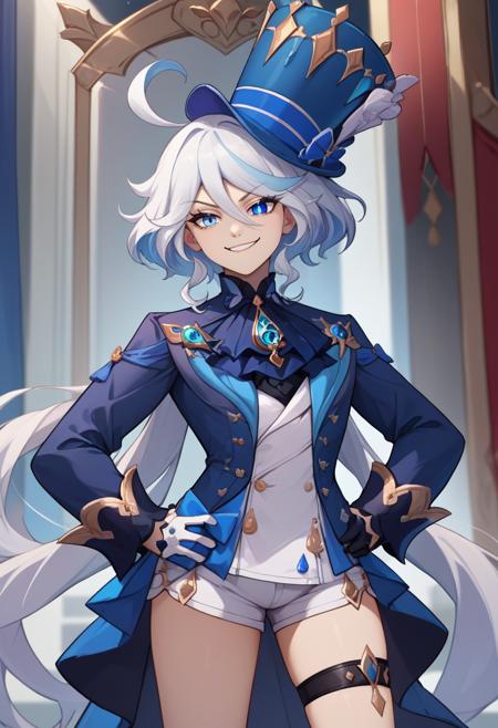 furinadef, ahoge, blue headwear, top hat, jacket, ascot, brooch, long sleeves, black gloves, white gloves, white shorts, thigh strap furinarnd, ahoge