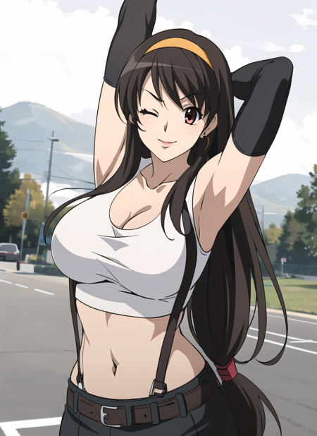 <lora:kyoani_haruhi_style_offset:1> kyoani haruhi style,  tifa lockhart, 1girl, thick lips, arm up, armpits, artist name, belt, black hair, breasts, red eyes, slim, cleavage, closed mouth, collarbone, cowboy shot, crop top, earrings, elbow gloves, elbow pads, gloves, jewelry, large breasts, lips, long hair, low-tied long hair, midriff, navel, one eye closed, outdoors, skirt, smile, solo, stomach, suspenders, tank top, upper body, ((masterpiece))  <lora:tifa_lockhart:0.3>