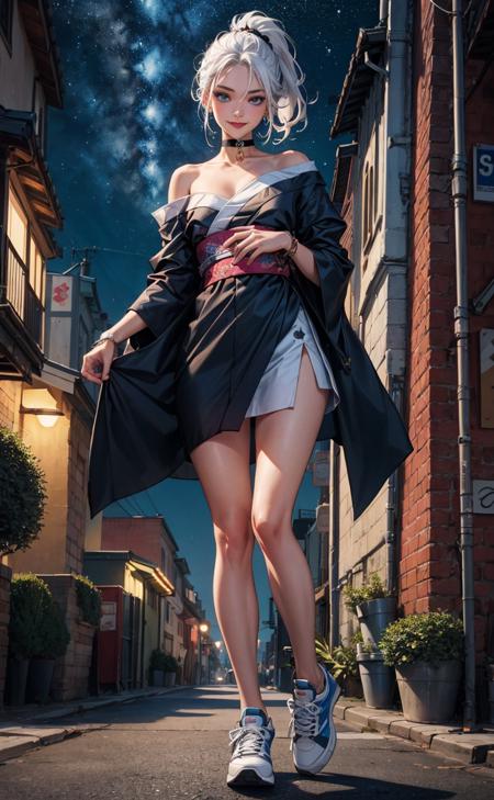 full body shot, standing, (best quality, masterpiece, perfect face, colorful, highest detailed face), seductive smile, looking at viewer, ponytail, white hair, streaked hair, blue eyes, eyeliner, short kimono, bare shoulders, wearing sneakers, black choker, detailed, cityscape, night sky, <lora:age_slider_v2:1>,<lora:add_detail:0.55>,solo,