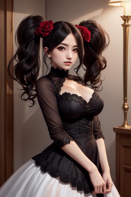 1girl, solo, mega twintails, ((big hair)), ((very long hair)), gothic, ((highly detailed and intricate gothic dress)), ((petticoat dress)), long dress, ((roses)), gothic makeup  <lora:mega_twintails-1.1:0.8>