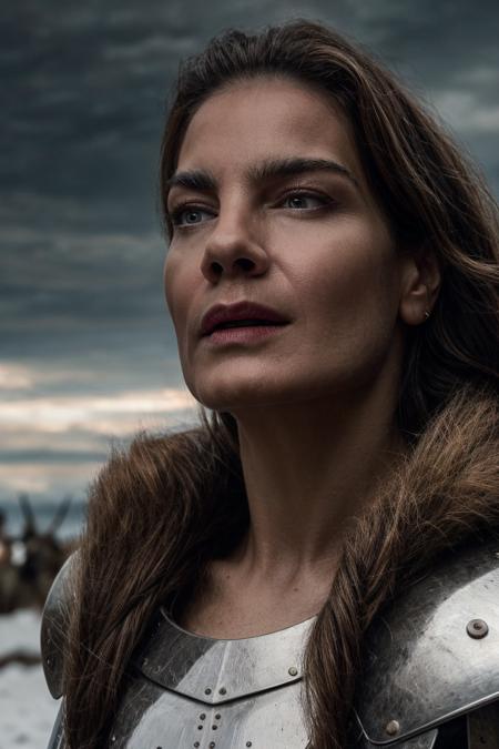 movie still, face closeup, a warrior princess wearing metal armor and fur cape in the battlefield, cloudy, sharp focus, cinematic shot, soft lighting, (high detailed skin:1.1)
 <lora:0more_details:1> <lora:michelle_monaghan_lora_v01:1> michmon