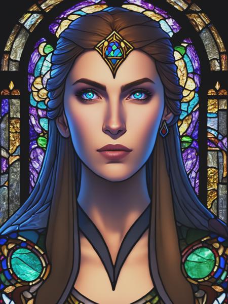 <lyco:StainedGlassPortrait:1.0> a stained glass window portrait of an extremely powerful female sorceress looking down on the viewer from above with an upturned nose and an expression of superiority from her features, dnd, fantasy, magic, high fantasy, clean, stern expression, 8k