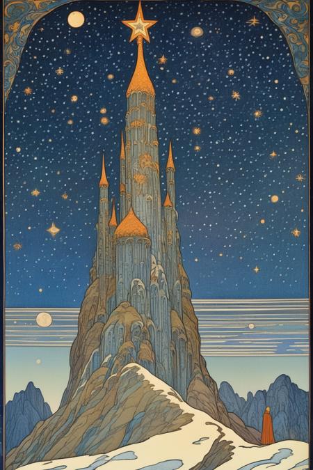 <lora:Ivan Bilibin Style:1>Ivan Bilibin Style - A giant as tall as the sky wandering a barren earth beneath a star filled sky. In the style of Ivan Bilibin.