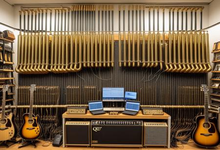 a raw photograph of a (qu4ntum style), a guitar place in store, (brass pipes) and (silver circuit wire),