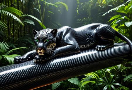 Highly detailed photographic image of a jaguar with incredibly intricate black carbon fiber "fur" resting on a large natural (photorealistic) tree branch in the rainforest. The photorealistic natural forest surroundings an ironic contrast to details of the futuristic jaguar's woven carbon fiber coat, showcasing its distinctive beauty and muscular build in the woven strands. The rainforest environment should be lush and vibrant, filled with a variety of green foliage, exotic plants, and dappled sunlight filtering through the canopy above. Incorporate dramatic lighting to enhance the atmosphere, creating a sense of depth and intrigue. Include subtle elements such as mist or gentle rain to add to the mood, while ensuring the surreal carbon fiber jaguar remains the focal point of the composition. (Highly cinematic scene with natural surroundings; highly focused detail on the subject; beams of sunlight reflecting on the animal's unique carbon fiber fur; masterpiece scene; dramatic composition, 4k resolution, finely detailed texture)