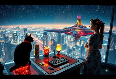 A sleek black cat with red collar sits on a cluttered metal riveted desk with transparent top and micro-LED lighted computer components visible inside, On the desk are a maneki neko statue and a lava lamp, the Black Cat is looking out of a seamless and futuristic floor to ceiling window that looks out at the lights of enormous buildings and cities far below, (((a beautiful woman, 24 years old, is standing next to the desk the cat is sitting on and looking longingly out the window, the woman is dressed in an ornate elegant Chinese style dress. An enormous deco-cyberpunk starship with futuristic lighting and an enormous space station are visible in the background among the stars, The woman's hair is elegantly tied up with a ribbon. Artistic cyberpunk, dynamic perspective, (((overall architectural aesthetic is Art Deco Cyberpunk))).  Epic image that elicits a feeling of wonder and awe, part of the interior is visible,