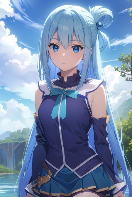 konosubaaqua, <lora:konosuba aqua movie-lora-nochekaiser:1>, 
aqua, long hair, blue eyes, hair ornament, very long hair, blue hair, hair rings, single hair ring, hair bobbles,
BREAK skirt, shirt, thighhighs, bare shoulders, detached sleeves, white thighhighs, blue skirt, blue shirt, green bow,
BREAK outdoor, forest, nature, trees, village, sky, sun, clouds,
BREAK looking at viewer, (cowboy shot:1.5),
BREAK <lyco:GoodHands-beta2:1>, (masterpiece:1.2), best quality, high resolution, unity 8k wallpaper, (illustration:0.8), (beautiful detailed eyes:1.6), extremely detailed face, perfect lighting, extremely detailed CG, (perfect hands, perfect anatomy),