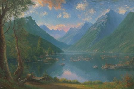 (industrialism:1.1), (impressionism:1), scene painting, a painting, Fjord ,Forest ,