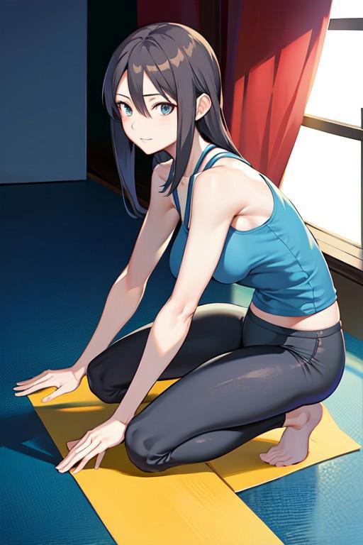 masterpiece, good quality, best quality, 1girl, woman at gym, blue tanktop, breasts, yoga pants, anime, wiifit wiifit, black yoga pants