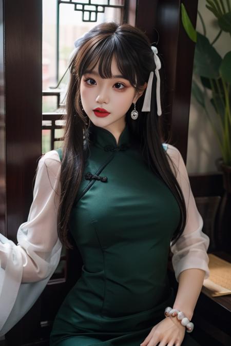 ltra-detailed,highly detailed,best quality,masterpiece,illustration,realistic,
yaozhi, 1girl, solo,mole,
chinese clothes,china dress,see-through sleeves,
earrings, bracelet,hair ribbon, 
bangs,very long hair, 
looking at viewer,
<lora:yaozhi_v2_09:0.7>