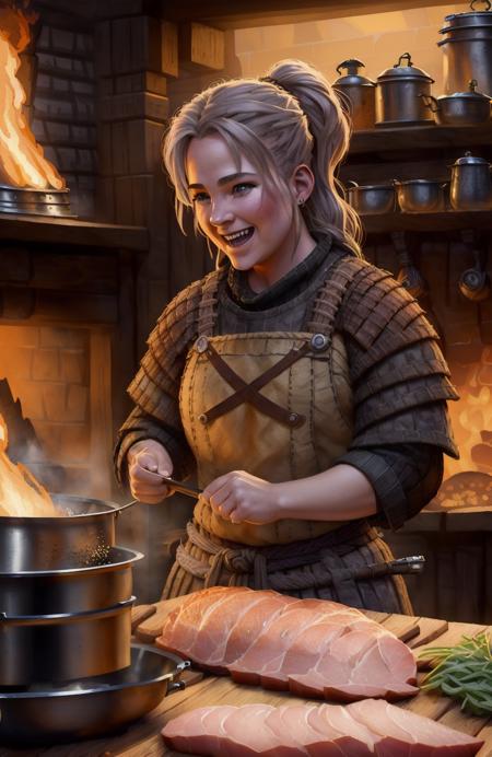 award winning portrait photo of a young viking woman cooking in a medieval kitchen, open fireplace, (roast pig on a spit:1.2), laughing, joking, (backlighting:1.3), digital painting, concept art, smooth, sharp focus, rule of thirds, dark fantasy,intricate details, wide shot, style-kitchen background