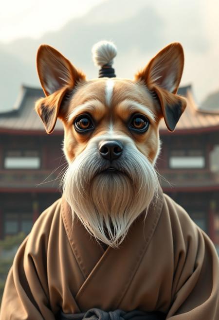 A photorealistic portrait of a cute dog with a flat, squashed face, styled like a martial arts master. The dog has a long flowing white beard extending far below its chin, large bushy white eyebrows, and long sideways white whiskers. On top of its head is a traditional topknot bun, resembling Pai Mei from Kill Bill. The dog is wearing traditional East Asian monk robes in neutral tones, with a black sash. It stares directly into the camera with a calm, superior expression. The background is a misty mountain temple scene with warm natural lighting. Vertical 9:16 aspect ratio.