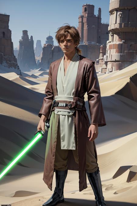 masterpiece, best quality, absurdres, 1boy, solo, JediOutfit, robe, belt, boots, brown hair, short hair, ponytail, blue eyes, standing, outdoors, desert, ((lightsaber, holding lightsaber)), <lora:JediOutfit:1>