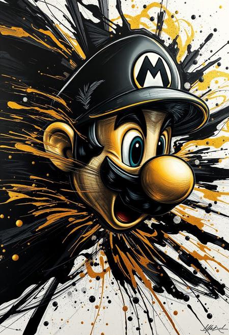A hyper-stylistic, extremely detailed image depicts a breathtaking painting, crafted from a combination of smeared black and gold metallic paint. Mario is captured in a streaked motion, as if it is moving rapidly in one direction. The black paint is applied in bold, dynamic strokes, creating a sense of energy and movement that is contrasted beautifully by the golden accents. The gold paint is used to highlight the Mario's features, adding a sense of depth and dimensionality to the image. The overall effect is one of breathtaking, surreal dynamism, as if the viewer has captured a fleeting moment in time. Every detail of the image is meticulously crafted, from the delicate, swirling patterns of the gold paint to the intricate, textured patterns of the black paint. The contrasts between light and dark, color and texture, create a sense of tension and energy that draws the viewer in, inviting them to explore the kinetic world of the painting. highest-Quality, intricate details, visually stunning, Masterpiece