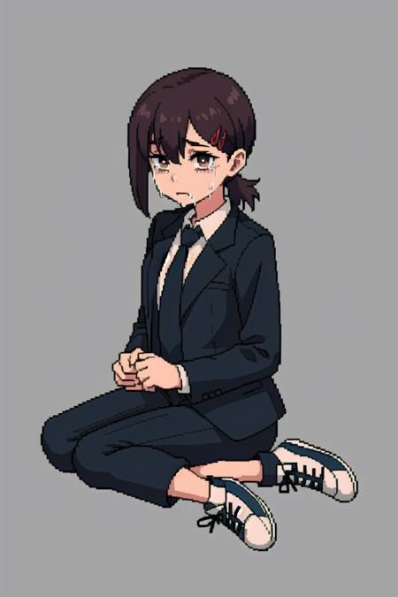 absurdres, highres, ultra detailed, pixel, <lora:KobeniV1-000019:0.9>, kobeni, brown eyes, white collared shirt, black jacket, necktie, black pants, formal, sneakers, full body, sitting, (wariza:1.1), crying_with_eyes_open, simple background, <lora:pixel_f2:0.4>