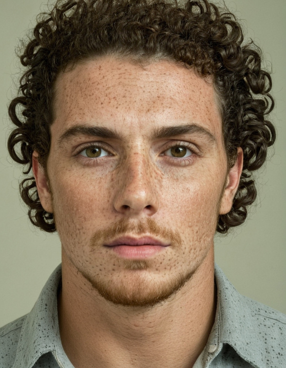 <lora:174F792232:1> Man with curly hair and an extreme amount of freckles his skin texture is detailed and natural wearing...