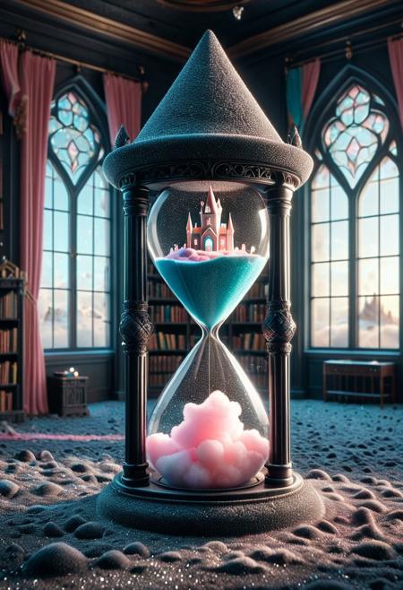 masterpiece, best quality, high resolution, absurdres, ultra-detailed, intricate details, ultra detailed, 8k, highly detailed, very aesthetic, professional 4k, Canon 5d mark 4, extremely detailed, very_detailed, high_detail, sharp focus, clean lines, perfect anatomy, realistic style,  
ObsidianSand cottoncandy hourglass,
fantasy castle interior, library, fantasy world,
film grain, cinematic, colorful, moody lighting, natural light, soft light, depth of field, bokeh, light particles, backlight, chiaroscuro, refraction, subsurface scattering