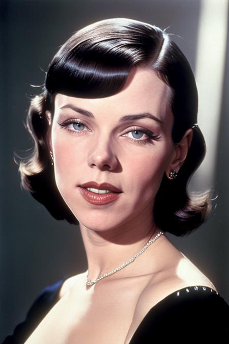 photo of young beautiful attractive d381m4z4r with a-line bob haircut and makeup as a 1940s gangster, detailed face, skin texture, sharp focus, light bokeh