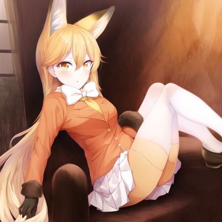 ezo, 1girl, solo, animal ears, fox ears, long hair, fox tail, blonde hair, white pleated skirt, brown gloves, brown fur trim, white bowtie, yellow legwear, long sleeves, yellow necktie, white undershirt, hair between eyes, very long hair, fur-trimmed sleeves, fox girl, bangs, orange eyes, orange blazer, brown loafers, brown tipped ears, brown tail, detailed shading, detailed ambient light