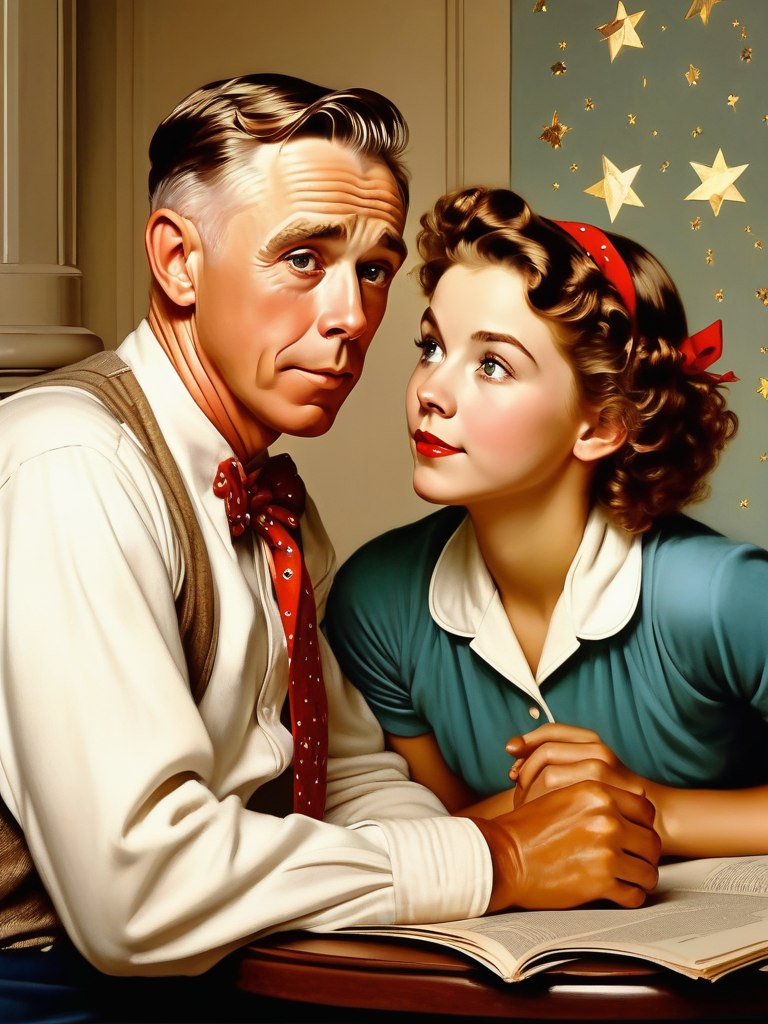 <lora:04Vintageillustration_Hap_XL:1>, Norman Rockwell style, , the brilliance of stars, digital painting, high detail, intricate pose, clarity, high quality