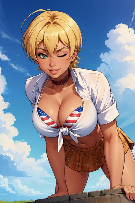 masterpiece, best quality, <lora:ikumimito-nvwls-v1-000010:0.9> mito ikumi, blonde hair, dark skin, collar, white shirt, tied shirt, american flag bikini, cleavage, plaid skirt, midriff, large breasts, wink, one eye closed, one eye open, kiss, bending over, looking at viewer, from below, sky, smile, green eyes