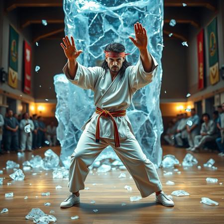 A  karate man performing a karate pose, Destroyed ice block background, in a dojo setting, ((Sean Connery)) , Bandana, long hair, jersey, white sneakers, muscular, 2 meters tall,Ice pieces are scattered on the floor. he has a determined expression, wearing a traditional white karate gi with a colored belt.  and spectators are watching in awe in the background. The dojo features wooden flooring and colorful banners on the walls, with bright lighting highlighting the action and the scattering ice shards.
masterpiece,