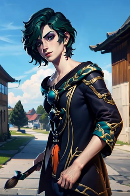 hwui,Dark green hair, hair blocking one eye,Dark green eye shadow,Robe, Chinese brush in hand