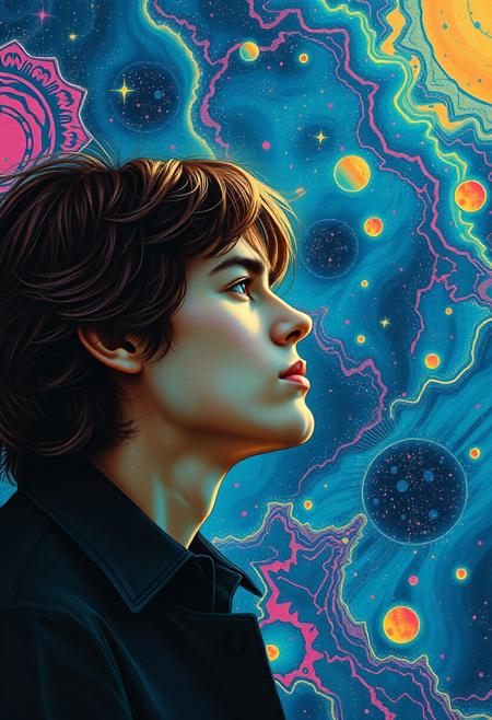 (((high quality seventies retro design aesthetics))), Seventies Psychedelic 70's space album cover, dynamic, colourful, slow track, melancholic, young white man, artist name "MUSAIC",  melancholic, album title "Metaphysical Mind"