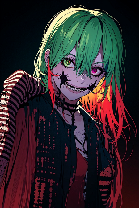 Beetlejuice, official art, 1 girl, solo, large breasts, (poltergeist, fantasy scene, demon), (demonic, semi realistic, demonic, shiny skin, textured skin),holographic eyes, heterochromia, purple eyes, striped jacket,striped shirt, two tone hair, streaked hair, multicolored hair, red hair, green hair, wild hair, evil scene,teeth, side lighting, ray tracing, depth of field, solo, extreme light and shadow, masterpiece, post apocalyptic, sexy, beautiful , scary, rich in detail,(detailed eyes),(zentangle, mandala, tangle, entangle:0.6), (handsome) detailed, (dirt splotches), (horror theme), (beetlejuice), detailed eyes,(straight-on),(masterpiece), (best quality), (ultra-detailed), (best illustration),(best shadow),rim lighting, beetlejuice, ((Beetlejuice)), crazy grin, crazy expression,