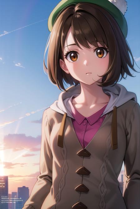 pokemongloria, <lyco:pokemongloria-lyco-nochekaiser:1>,
pokemongloria, (brown eyes:1.5), brown hair, medium hair, (small breasts:1.2),
BREAK cardigan, dress, green headwear, grey cardigan, hood, hood down, hooded cardigan, long sleeves, pink dress, short dress,
BREAK looking at viewer, full body, upper body,
BREAK outdoors, city, sky,
BREAK <lyco:GoodHands-beta2:1>, (masterpiece:1.2), best quality, high resolution, unity 8k wallpaper, (illustration:0.8), (beautiful detailed eyes:1.6), extremely detailed face, perfect lighting, extremely detailed CG, (perfect hands, perfect anatomy),